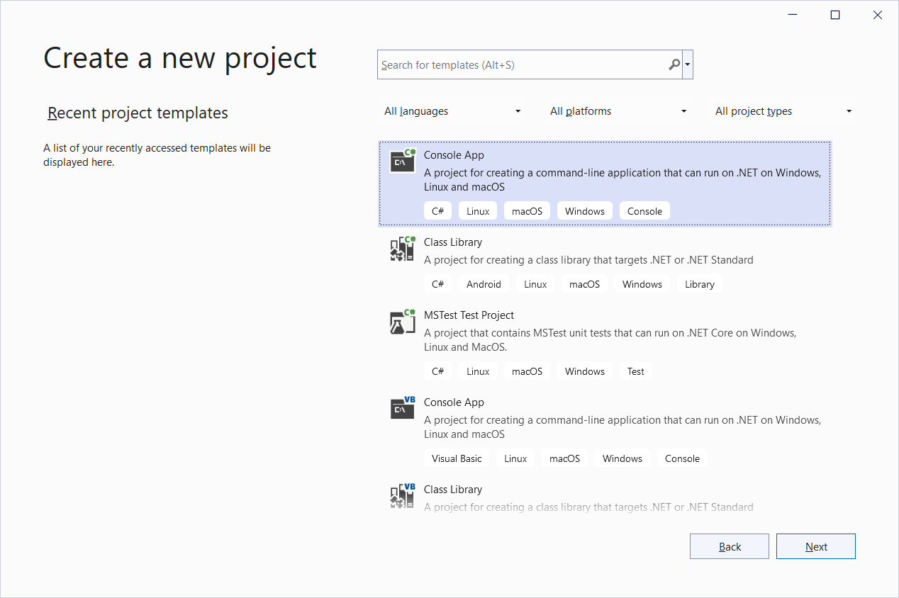 Välja projekttyp i Visual Studio